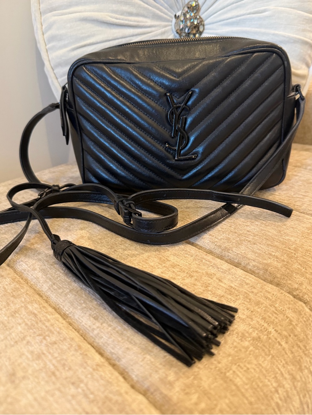YSL Saint Laurent Black Quilted Leather Lou Crossbody